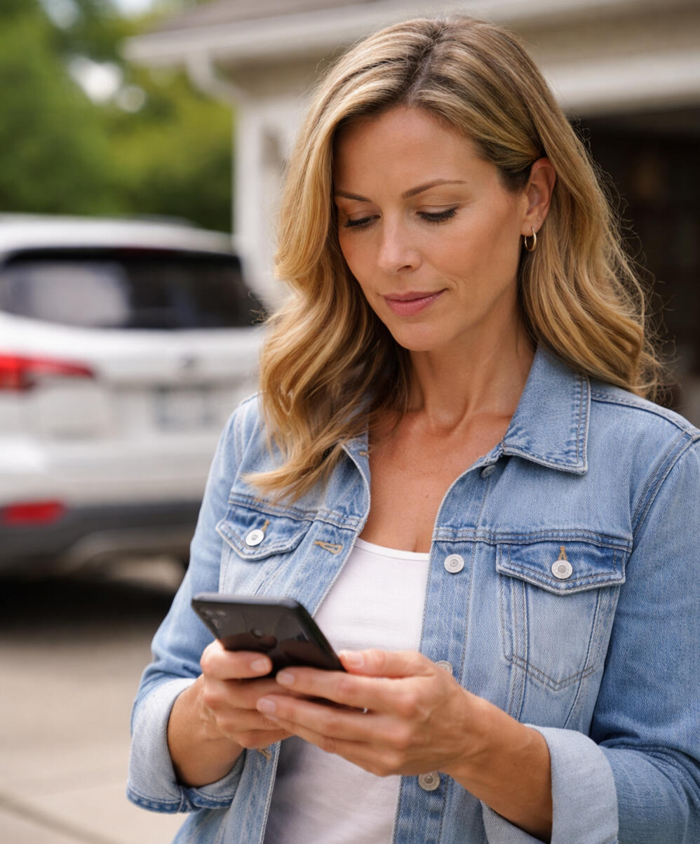 lookingforservice women looking for service from her driveway on her cellphone